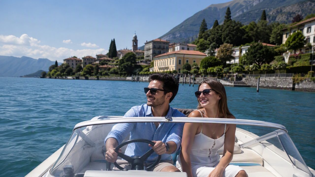 Small self-drive motorboat for rent on Lake Como near a wooden pier
