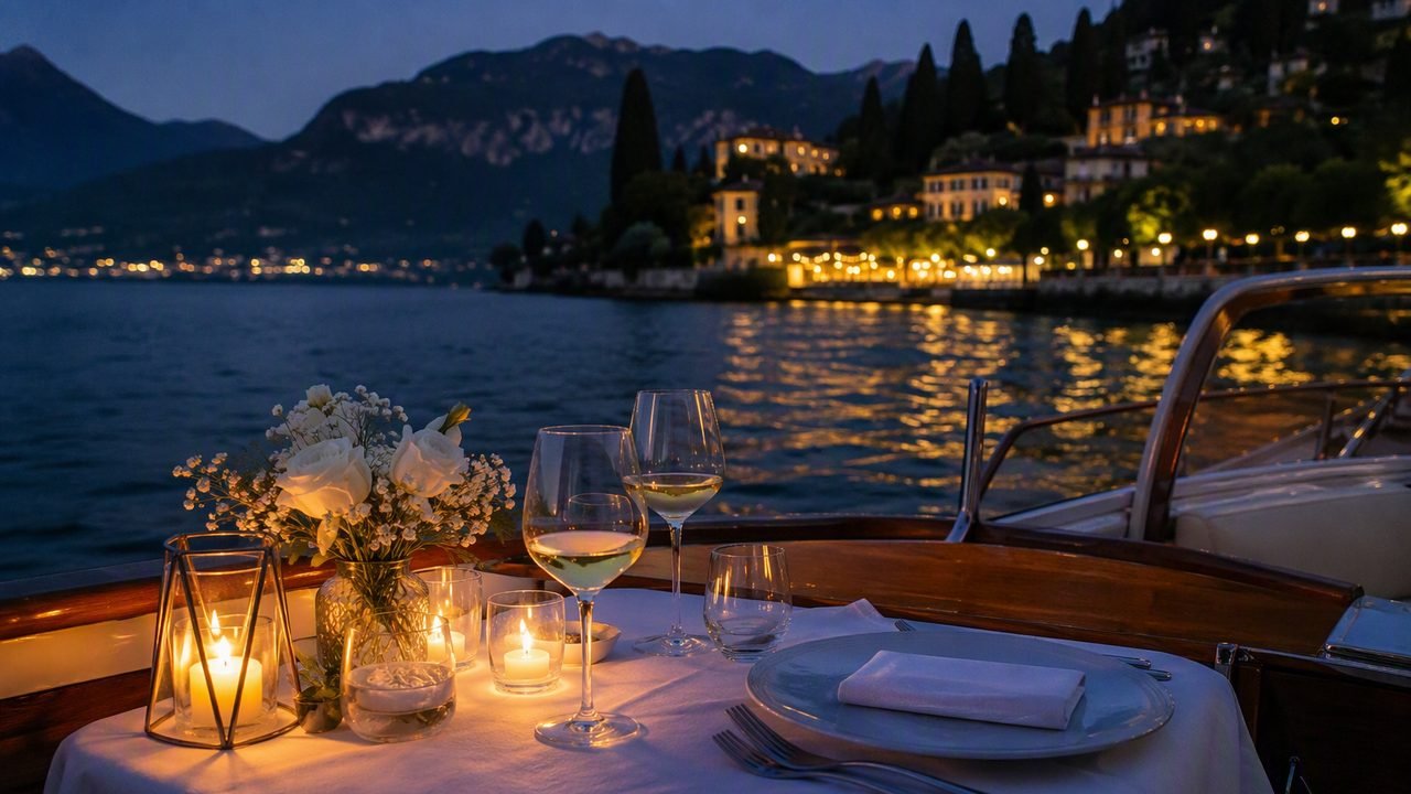 Boat arriving at a lakeside restaurant on Lake Como in the evening lights
