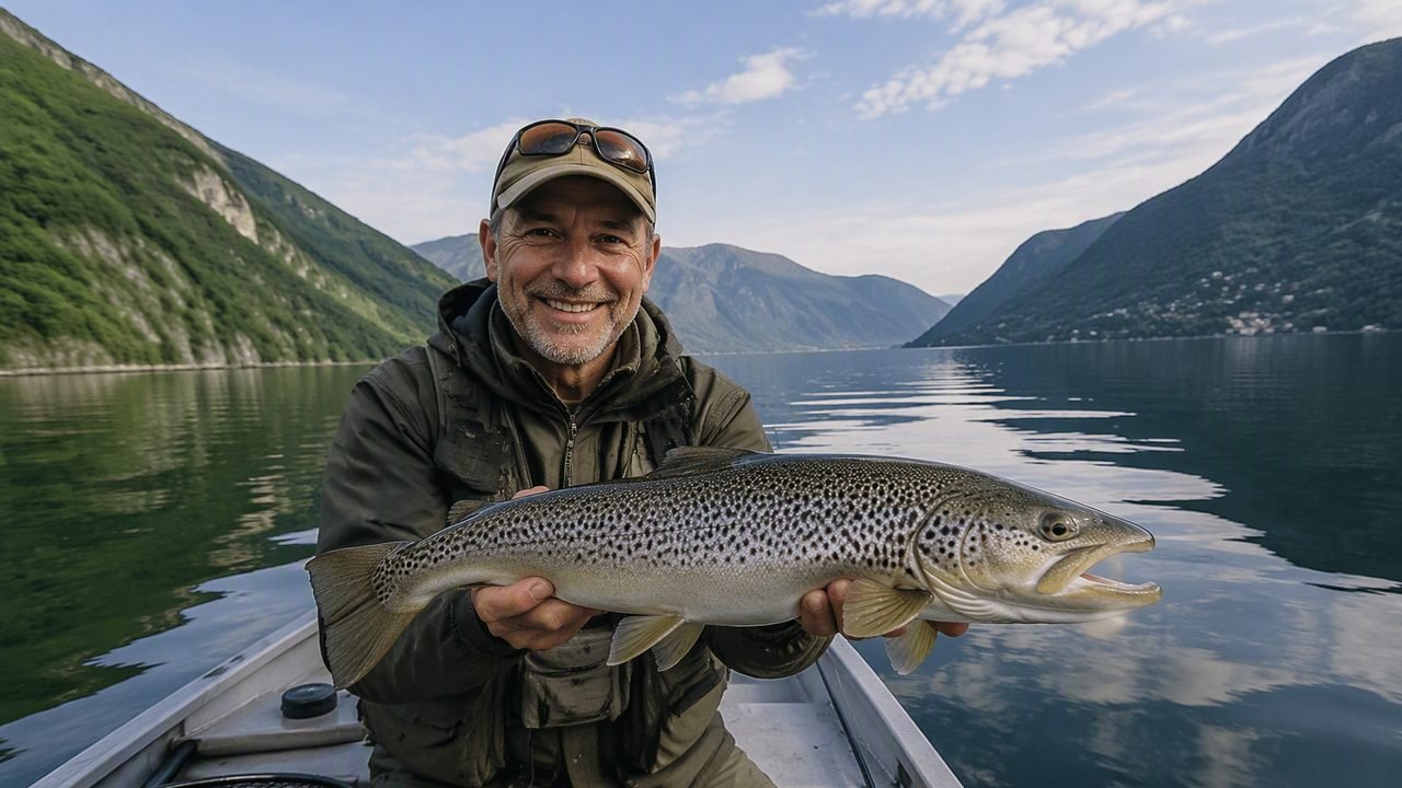 Fishing guide with a boat on Lake Como at dawn mist