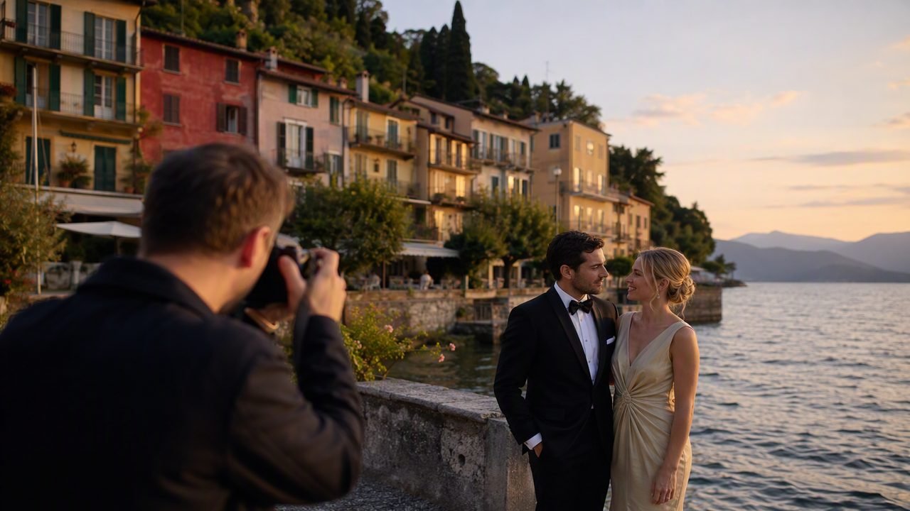 Couple during a professional photoshoot on Lake Como with Bellagio in the background