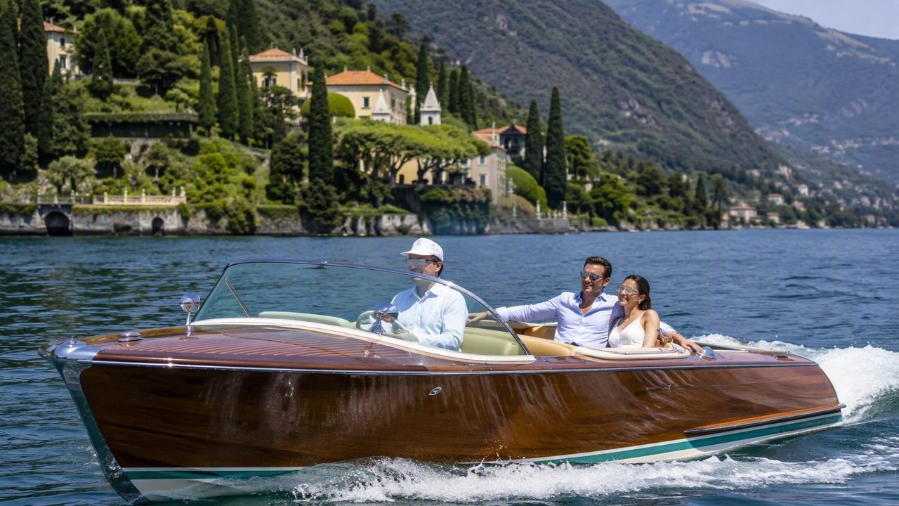 Private wooden motorboat cruising on Lake Como with mountains in the background