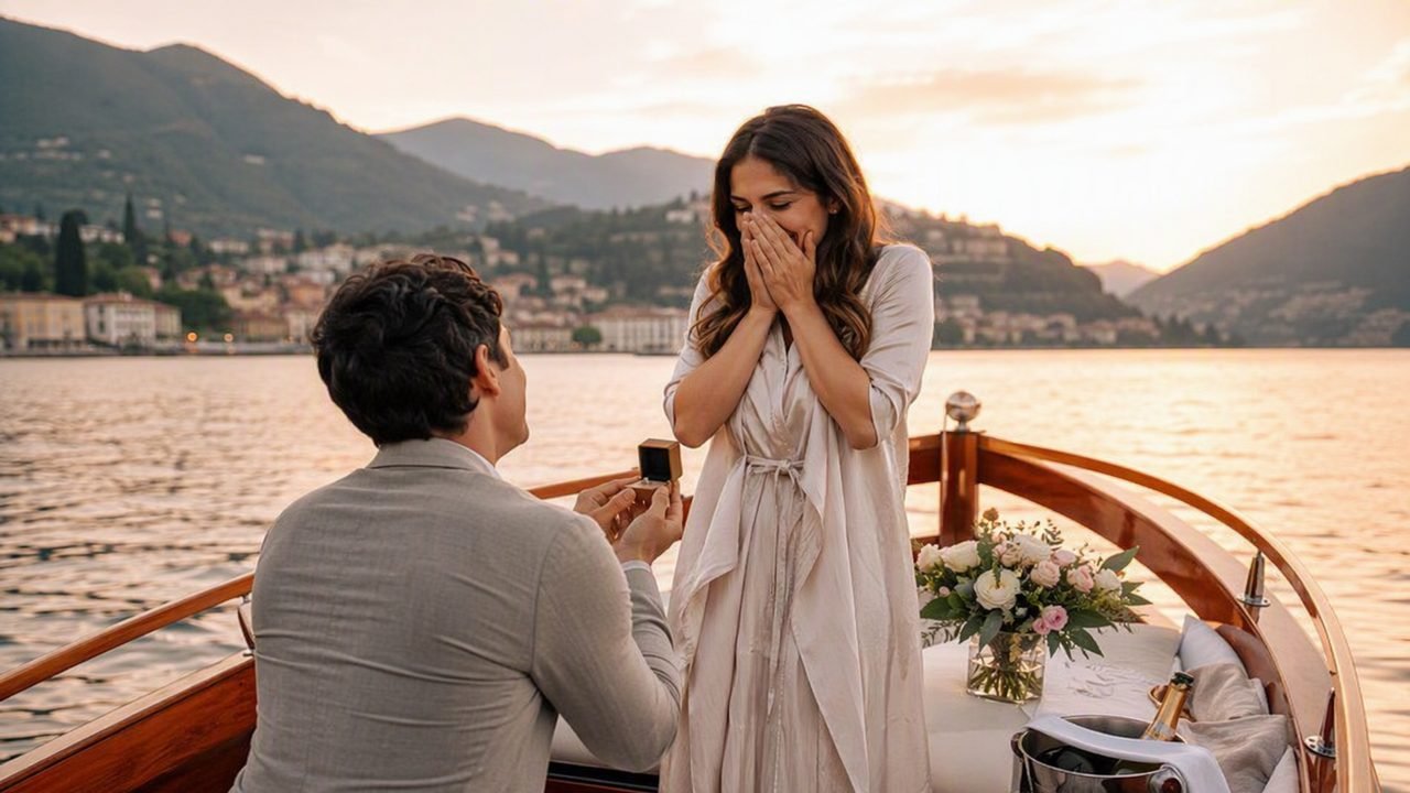 Marriage proposal on a boat on Lake Como with Villa del Balbianello in the background