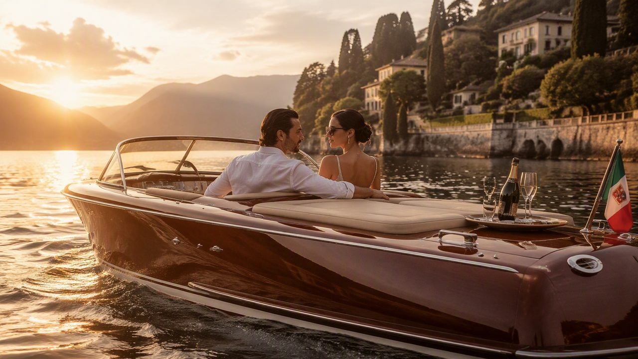 Classic Riva wooden speedboat cruising on Lake Como at sunset