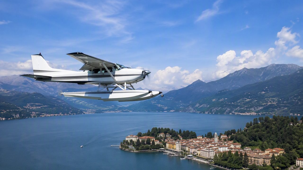 Seaplane taking off from the water of Lake Como with mountains around