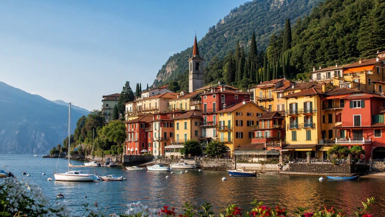 Varenna harbour on Lake Como with colourful houses reflected in the water